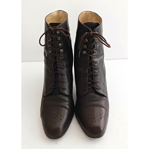 LOFT Brown Leather Lace Up Victorian Ankle Boot Cap Toe Curved Heel 7M - Picture 14 of 15